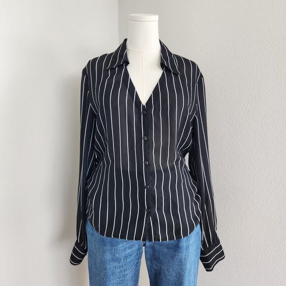 Vintage Newport News Black and White Striped Button Down Work Shirt L - Picture 1 of 15